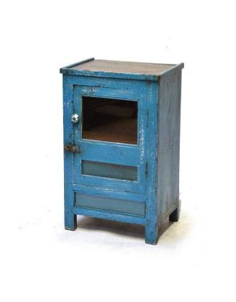 Prosklená skříňka z antik teakového dřeva, modrá patina, 43x32x70cm