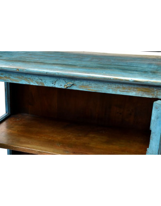 Prosklená skříň z antik teakového dřeva, tyrkysová patina, 76x42x121cm