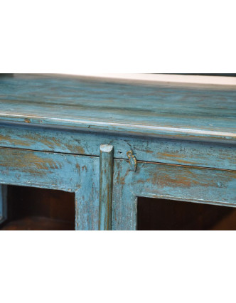 Prosklená skříň z antik teakového dřeva, tyrkysová patina, 76x42x121cm