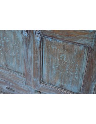 Stará prosklená skříň z teakového dřeva, tyrkysová patina, 113x34x186cm