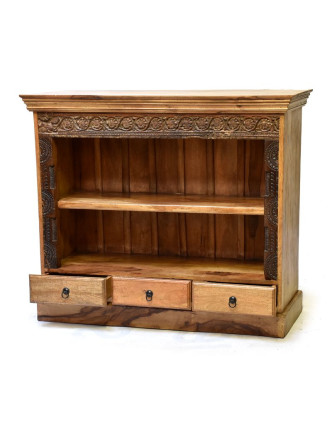 Knihovna z antik teakového a mangového dřeva, ruční řezby, 122x42x106cm
