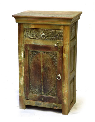 Komoda/noční stolek z mangového a teakového dřeva, zelená patina, 54x38x92cm
