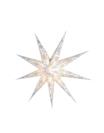 Bílý papírový lampion hvězda, motiv vločky, postříbřená, 9cípů, 93cm