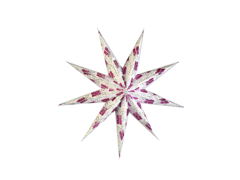 Bílý papírový lampion hvězda, motiv Gift, postříbřená, 9cípů, 60cm
