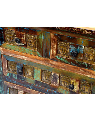 Komoda z teakového a mangového dřeva, reliefy Buddhů, 86x40x95cm