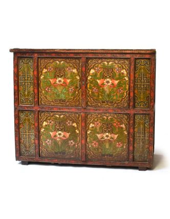 Ručně malovaná dřevěná antik komoda z Tibetu, 173x70x141cm