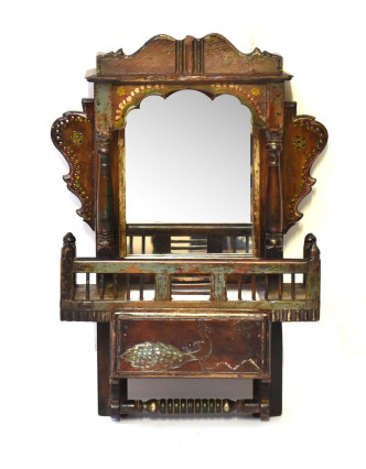 Staré zrcadlo s poličkou z teakového dřeva, ruční řezby, 35x13x56cm