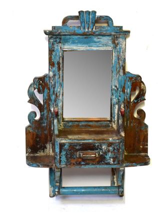 Staré zrcadlo s poličkou z teakového dřeva, ruční řezby, 43x13x66cm
