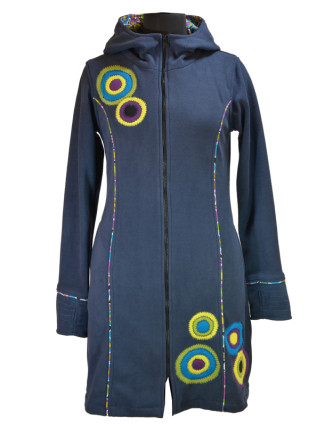 Fleecový kabátek s kapucí, tmavě modrý, fialové kruhové aplikace, Bubbles tisk,