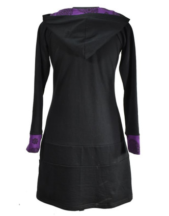 Mikinové šaty s dlouhým rukávem a kapucou, černo-fialové, potisk, kapsa na břiše