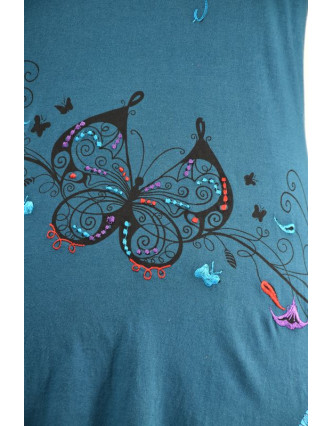 Krátké petrolejové šaty s dlouhým rukávem, Butterfly design, výšivka