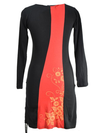 Černo-červené šaty s dlouhým rukávem a kapsami, floral potisk, V výstřih