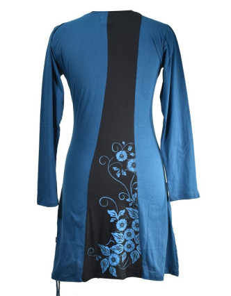 Černo-modré šaty s dlouhým rukávem a kapsami, floral potisk, V výstřih