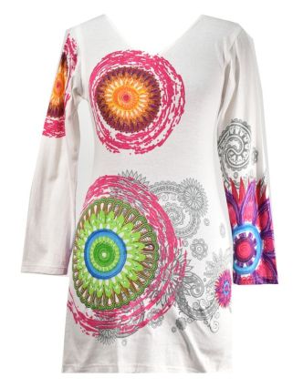 Bílé šaty s dlouhým rukávem "Mandala", barevný potisk, výstřih do V