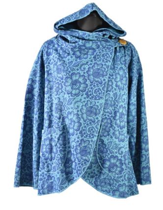 Modrý kabát s kapucí zapínaný na knoflík, kapsy, celopotisk