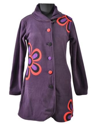 Švestkový fleecový kabát zapínaný na knoflíky, barevný květinový design, kapsy