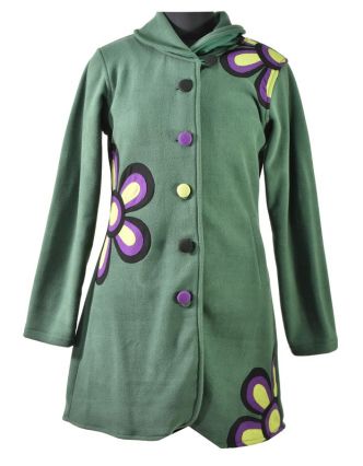 Zelený fleecový kabát zapínaný na knoflíky, barevný květinový design, kapsy