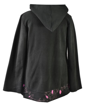 Černo-růžový fleecový kabát s kapucí zapínaný na knoflík, leaves design, výšivka
