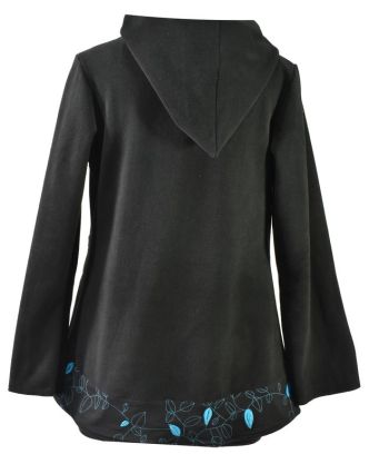 Černo-tyrkysový fleecový kabát s kapucí zapínaný na knoflík, leaves design, výši