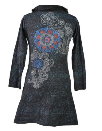 Černo-modré šaty s dlouhým rukávem a vysokým límcem, Floral design, potisk
