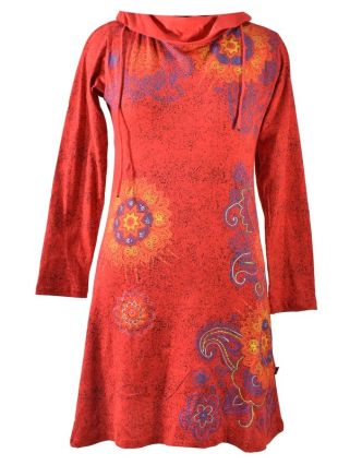 Červené šaty s dlouhým rukávem a vysokým límcem, Floral design, potisk a výšivka