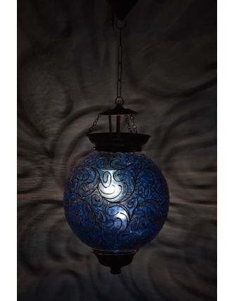 Kulatá skleněná lampa zdobená zlatými ornamenty, modrá, 25x35cm