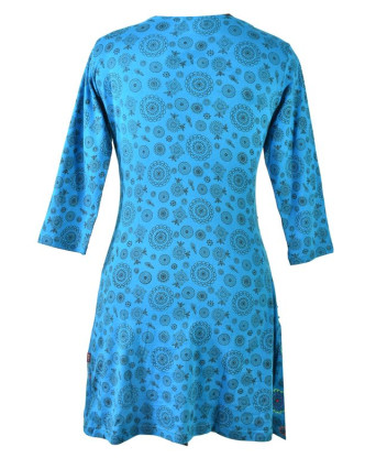 Modré šaty s tříčtvrtečním rukávem a celopotiskem mandal, sklady na boku, výši