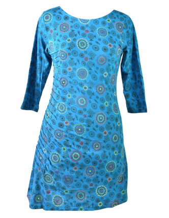 Modré šaty s tříčtvrtečním rukávem a celopotiskem mandal, sklady na boku, výši
