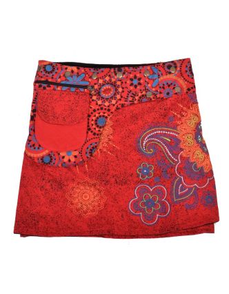 Krátká červená sukně zapínaná na patentky, kapsa, flower potisk a výšivka