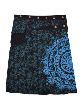 Polodlouhá černo-modrá sukně zapínaná na patentky, mandala potisk