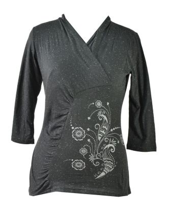 Černé tričko s tříčtvrtečním rukávem, floral potisk, Natural design