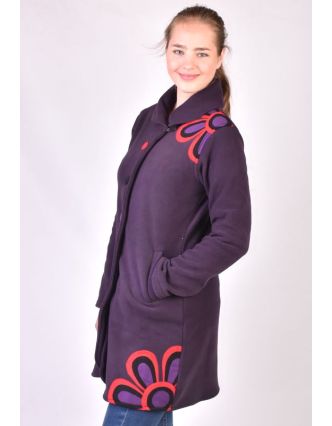 Švestkový fleecový kabát zapínaný na knoflíky, barevný květinový design, kapsy