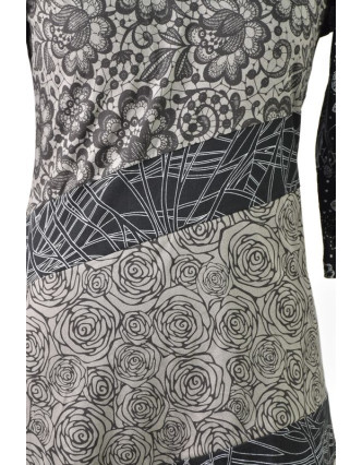 Černo-šedé šaty s květinovým potiskem a tříčtvrtečním rukávem