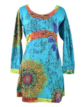 Tyrkysovo-zelené šaty s dlouhým rukávem "Mandala", barevný potisk
