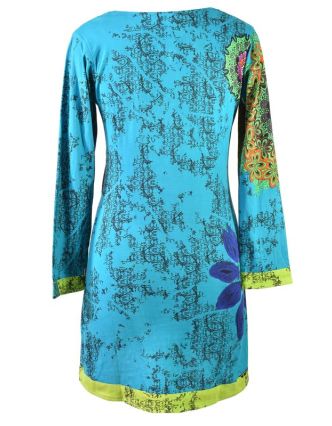 Tyrkysovo-zelené šaty s dlouhým rukávem "Mandala", barevný potisk