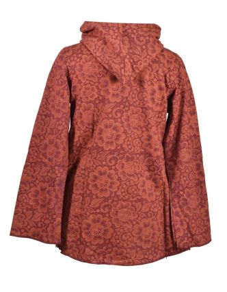 Vínový kabát s kapucí zapínaný na knoflík, kapsy, celopotisk