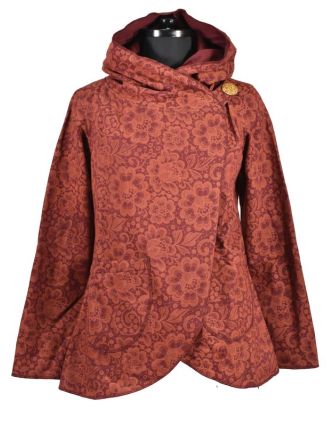 Vínový kabát s kapucí zapínaný na knoflík, kapsy, celopotisk