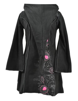Černo-růžový fleecový kabátek s dlouhou kapucí, zapínání na zip