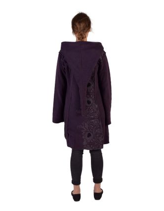 Švestkový fleecový kabátek s dlouhou kapucí, zapínání na zip