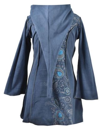 Modrý fleecový kabátek s dlouhou kapucí, zapínání na zip