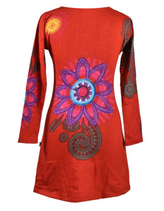 Červené šaty s dlouhým rukávem, Mandala potisk, kulatý výstřih