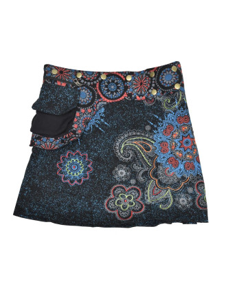 Krátká černo-modrá sukně zapínaná na patentky, kapsa, flower potisk a výšivka