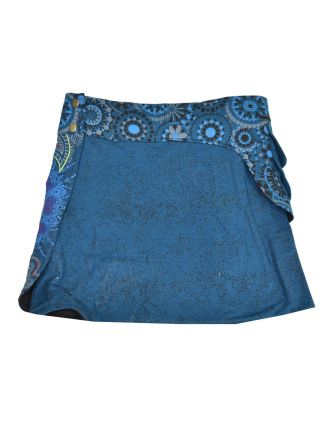 Krátká modrá sukně zapínaná na patentky, kapsa, flower potisk a výšivka