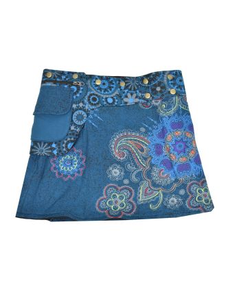 Krátká modrá sukně zapínaná na patentky, kapsa, flower potisk a výšivka