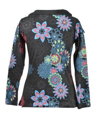 Černo-modré tričko s dlouhým rukávem a límcem, flower design
