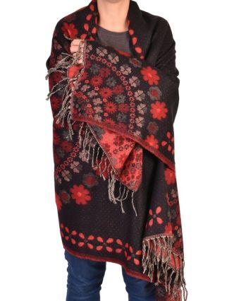 Šál - Mandala s květinovým vzorem, černo-červený, 205x95cm