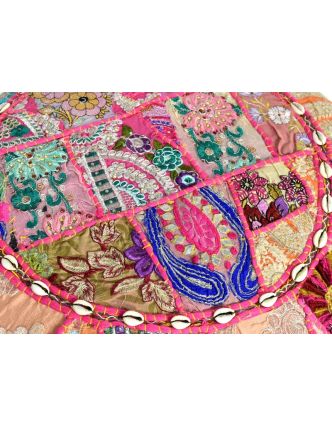 Kulatý meditační polštář z Rajastanu, patchwork, bohatě zdobený, 60x20cm