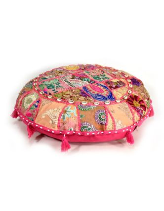 Kulatý meditační polštář z Rajastanu, patchwork, bohatě zdobený, 60x20cm