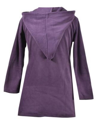 Švestkové mikinové šaty s kapucí a barevnými aplikacemi, V výstřih