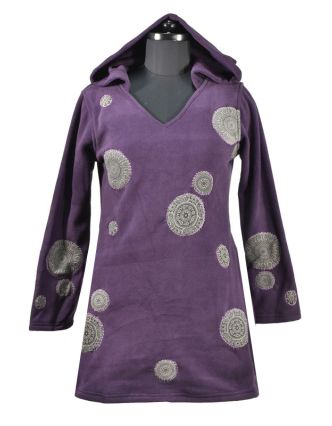 Švestkové mikinové šaty s kapucí a barevnými aplikacemi, V výstřih